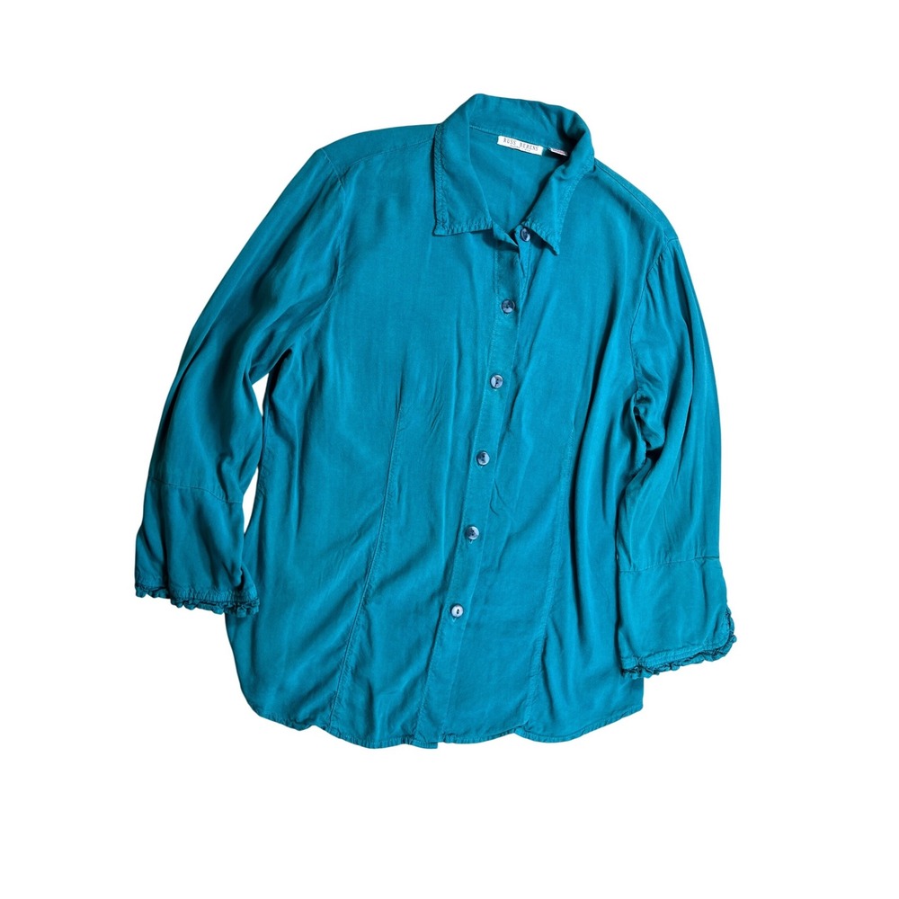 Russ Berens Malibu USA Large Tencel Rayon Button Up Blouse Turquoise Artsy